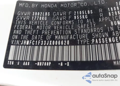 2018 Honda Civic Ex-T из США, поврежденный, VIN JHMFC1F33JX006620